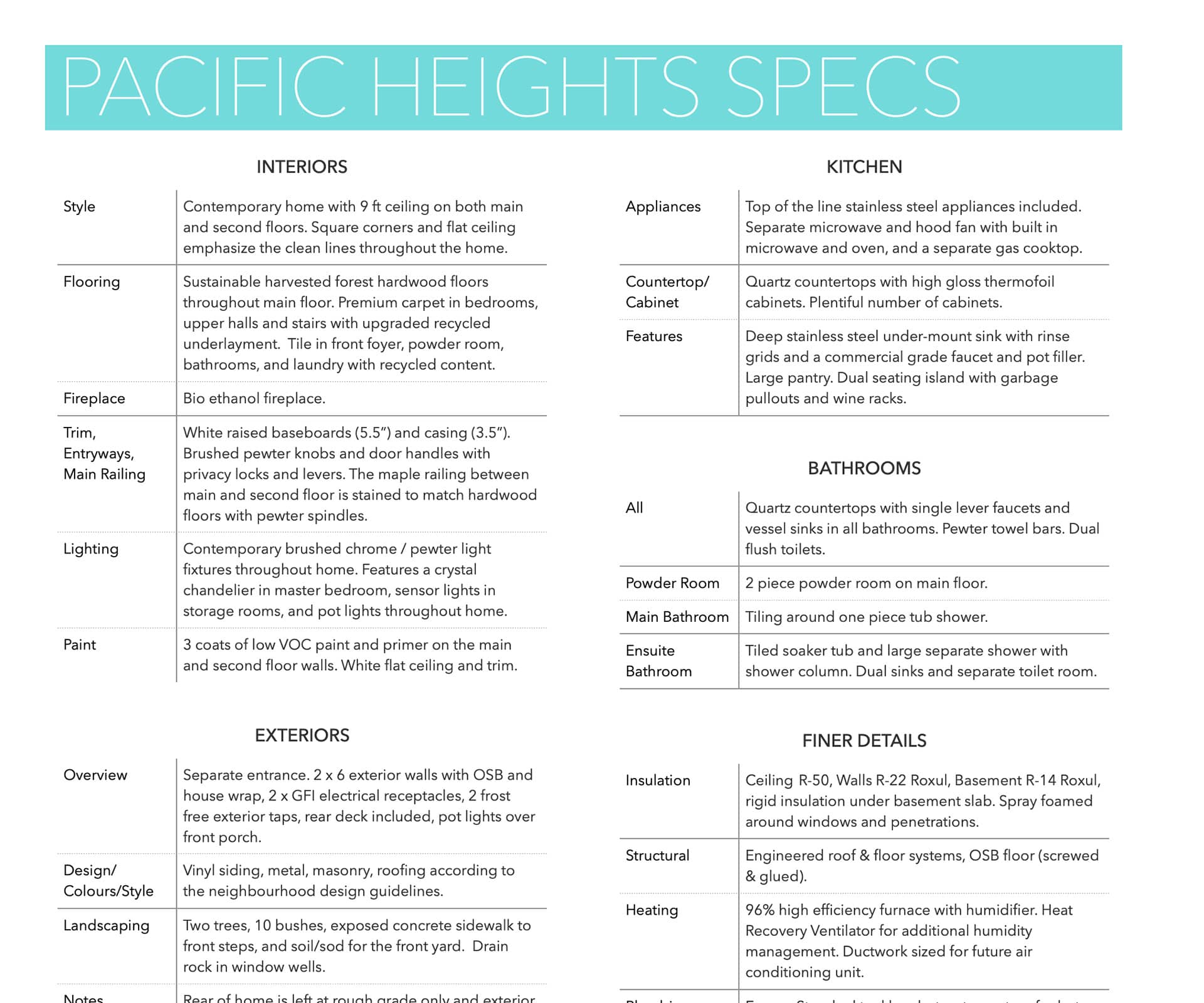 Example Feature sheet showing construction specs and selling features