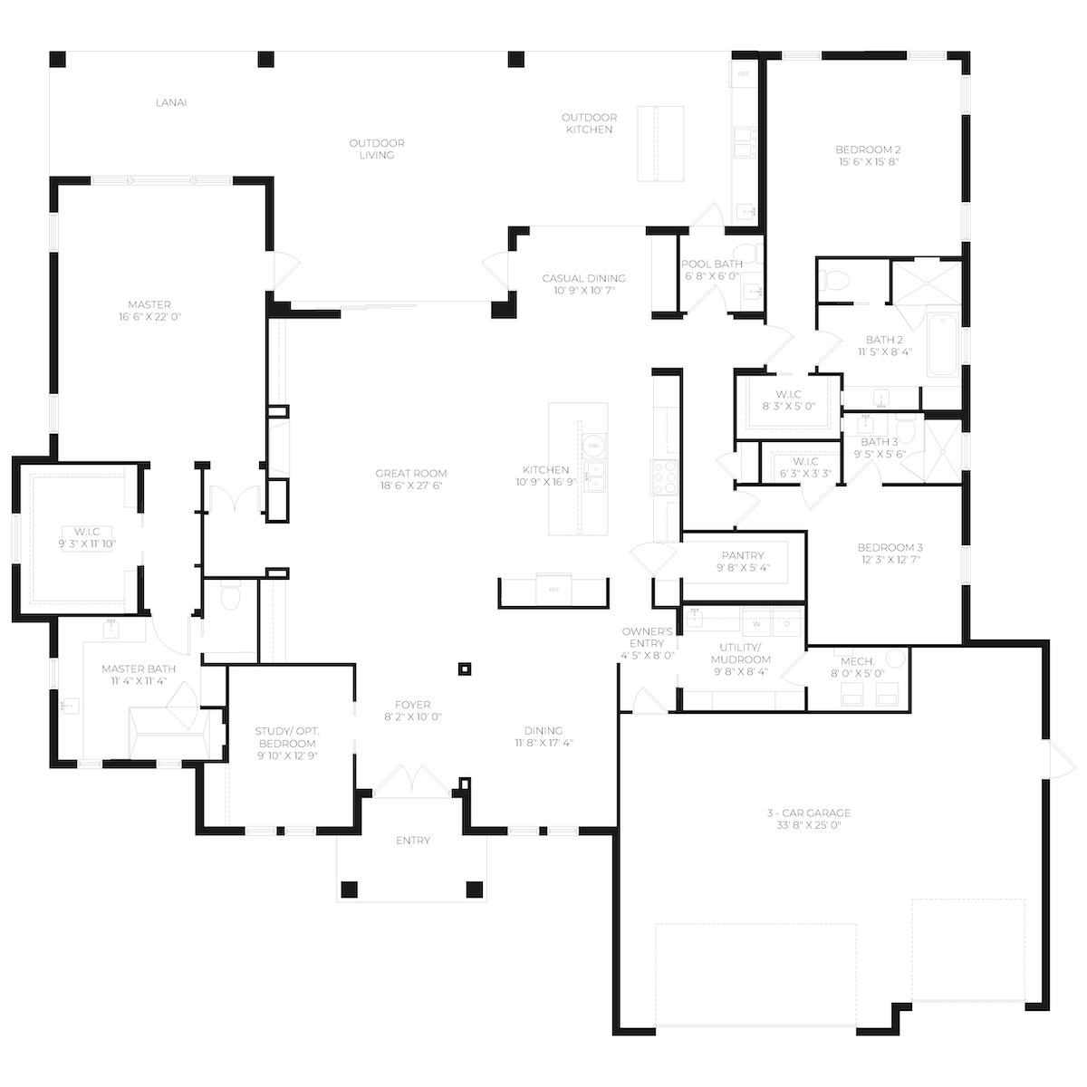 2D Black lines plan showing room labels and dimensions