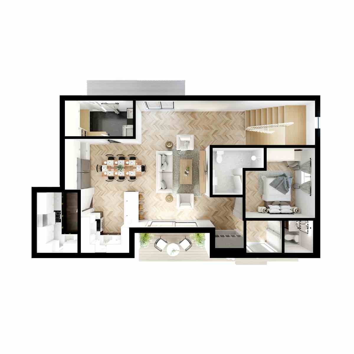 3D Floor Plan with finishes, flooring, and furniture